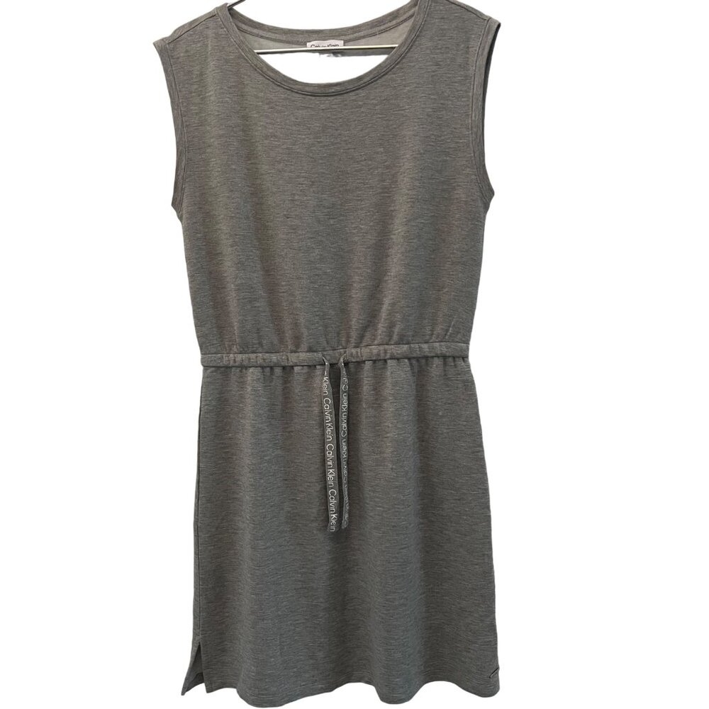 MEDIUM M Calvin Klein Womens Gray Drawstring Waist Jersey Knit Sleeveless Dress - Picture 1 of 6